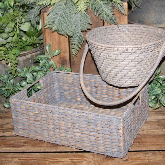 NEW Pr. of Shabby Gray Washed French Country Farmhouse Storage or Decor Baskets - Picture 7 of 8